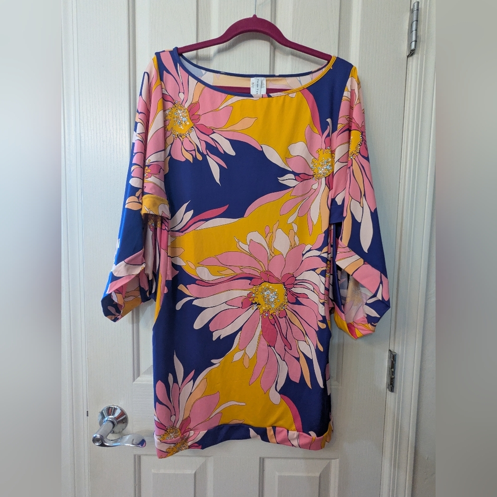 Trina Turk Blue and Yellow Floral Long Sleeve Dress